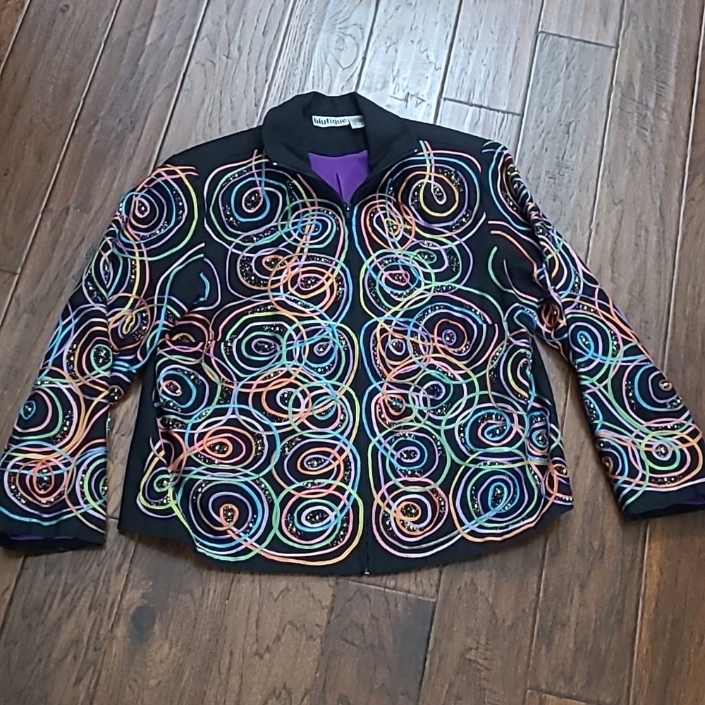 VINTAGE Blutique Black Jacket with Colorful Embroidery & Beadwork size 1X